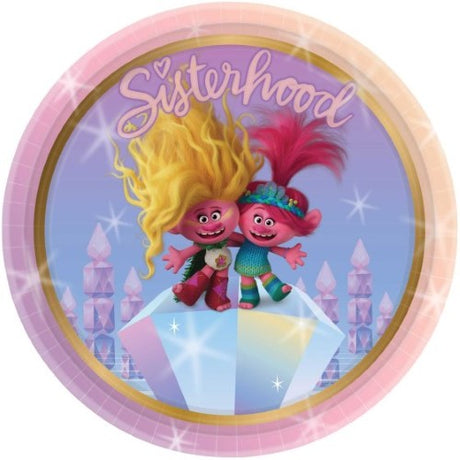 Pack of 8 vibrant 23cm Trolls paper plates, featuring beloved characters for fun, eco-friendly party table settings.