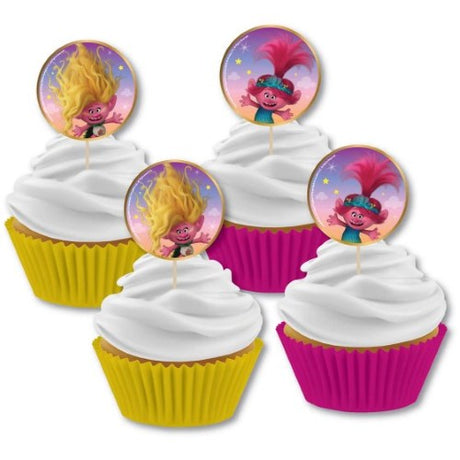 Trolls 3 cupcake pick set with 24 colorful picks and cases, perfect for birthday parties and themed celebrations.