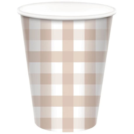 Set of 8 eco-friendly 266ml Gingham paper cups in White Sand, perfect for stylish events and gatherings.