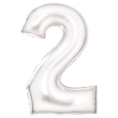 Large Number 2 Silk Lustre White Foil Balloon, 55cm wide x 86cm high, perfect for elegant celebrations.