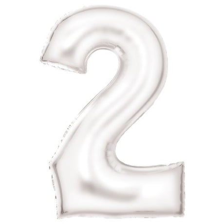 Large Number 2 Silk Lustre White Foil Balloon, 55cm wide x 86cm high, perfect for elegant celebrations.