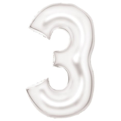 Large Number 3 Silk Lustre White Foil Balloon, 53cm x 87cm, perfect for celebrations with an elegant finish.