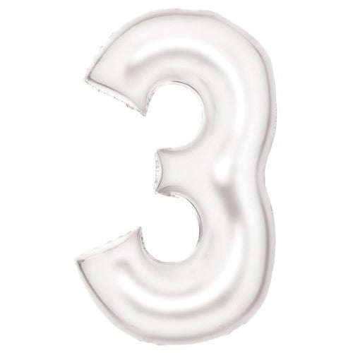 Large Number 3 Silk Lustre White Foil Balloon, 53cm x 87cm, perfect for celebrations with an elegant finish.