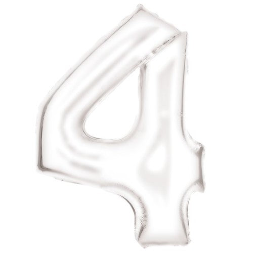 Large number 4 silk lustre white foil balloon, 66cm x 93cm, perfect for elegant celebrations and memorable photo ops.