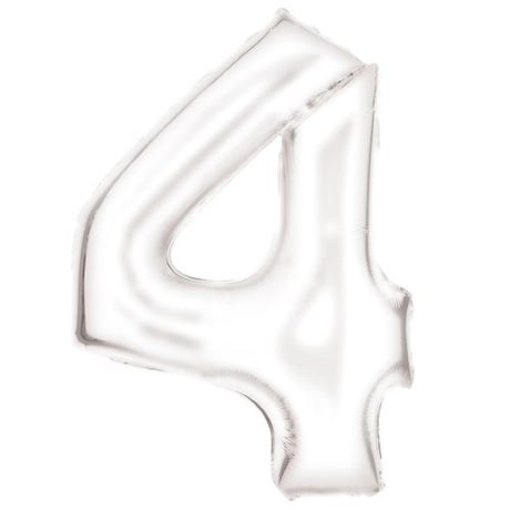 Large number 4 silk lustre white foil balloon, 66cm x 93cm, perfect for elegant celebrations and memorable photo ops.
