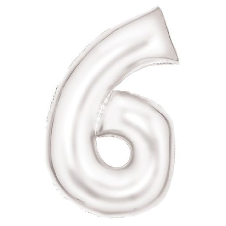 Large white foil balloon in the shape of number 6, silk lustre finish, 56cm wide and 92cm high, perfect for celebrations.