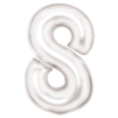 Large white number 8 foil balloon, 54cm wide and 87cm high, with silk lustre finish for elegant celebrations.