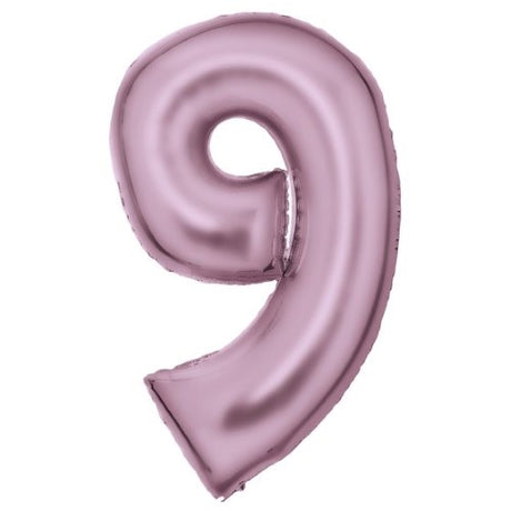 Large pastel pink number 9 foil balloon, 57cm wide by 91cm tall, perfect for elegant celebrations and decorations.