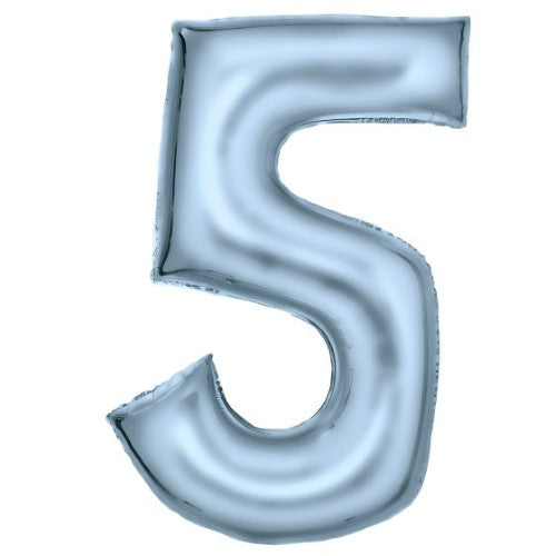 Large pastel blue Number 5 foil balloon, 56x89cm, perfect for celebrations and photo backdrops.