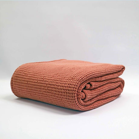 Large stonewashed caramel blanket with deep waffle texture, made from 100% OEKO-TEX® cotton by BAKSANA.