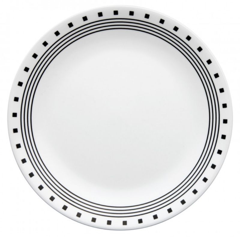 Set of 6 Corelle City Block Plates, 26cm, featuring stylish black-and-white geometric designs, chip-resistant and lightweight.