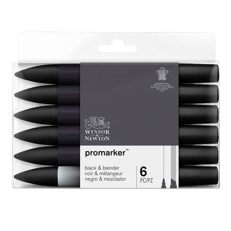 WINSOR & NEWTON PROMARKER BLACKS + BLENDER SET OF 6 - 5 BLACKS + BLENDER