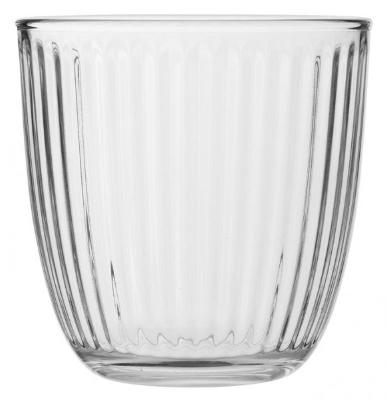 Set of 12 Bormioli Rocco Line Acqua glasses featuring a vintage-inspired design with a unique striped pattern.