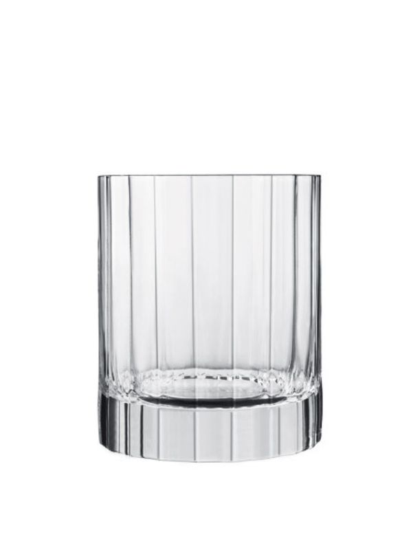 Set of 6 Luigi Bormioli Bach 255ml DOF tumblers with faceted design, perfect for whiskey and cocktails.