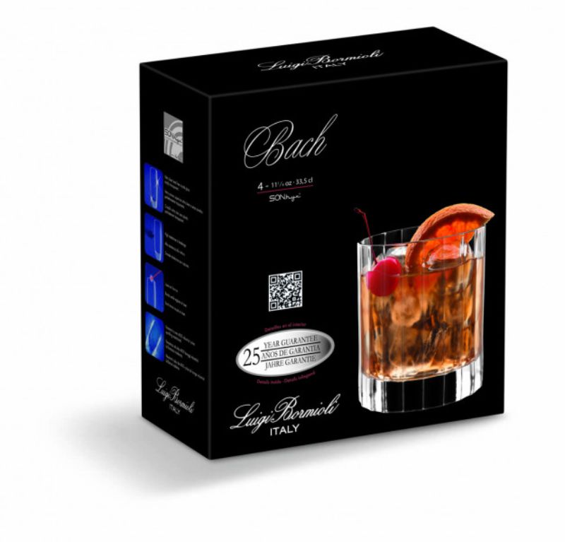 Set of 6 Luigi Bormioli Bach 335ml tumblers in lead-free crystal with a faceted design for elegant sipping.