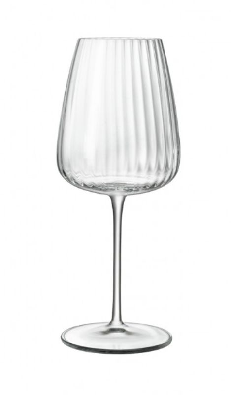 Set of 4 Luigi Bormioli Optica Chardonnay glasses, 550ml, with ribbed texture and titanium reinforced stems, dishwasher safe.