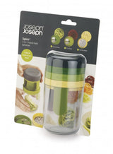 Joseph Joseph Spiro Spiralizer with clear base, offering coarse and fine blades for vegetable and fruit spiralizing.