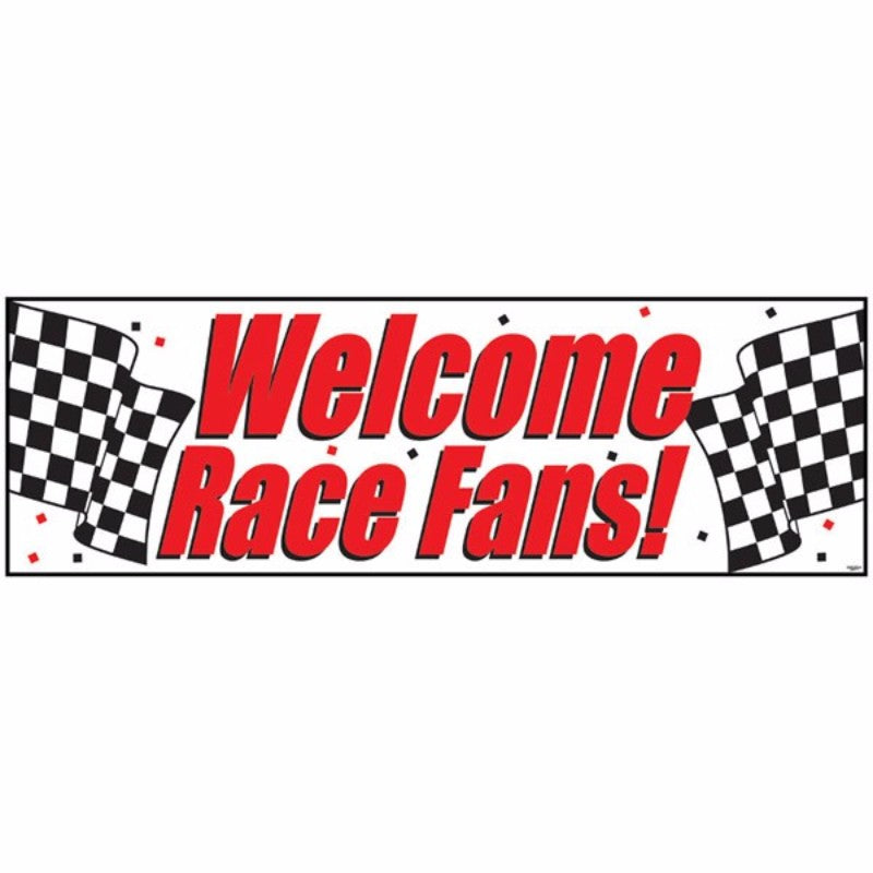 Colorful racing car banner measuring 152.4cm x 50.8cm, perfect for welcoming fans to racing-themed parties.