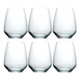 Set of 6 Luigi Bormioli Atelier stemless Riesling glasses in lead-free crystal, 400ml capacity, elegant design for wine enjoyment.