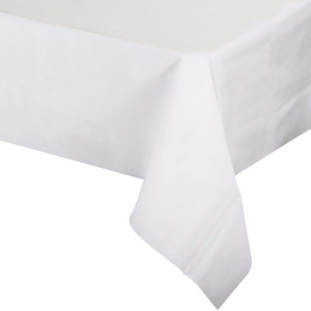 Elegant white airlaid paper tablecover, 125cm x 270cm, combines luxurious look with disposable convenience.