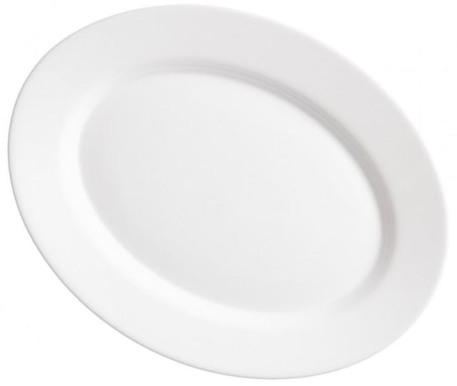 Set of 12 Bormioli Rocco Gusto oval plates, 35cm, made from durable tempered opal glass for elegant dining.