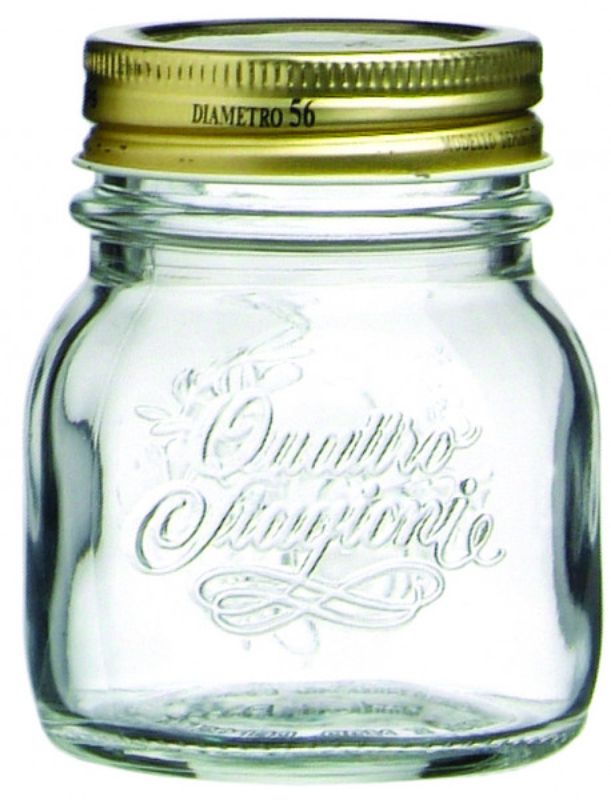 Set of 12 Bormioli Rocco 150ml glass jars for canning, preserving jams, jellies, and sauces with elegant Italian design.