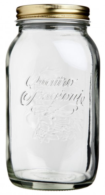 Set of 6 Bormioli Rocco Quattro Stagioni 1.5L jars, ideal for canning and food storage, designed for easy filling and cleaning.