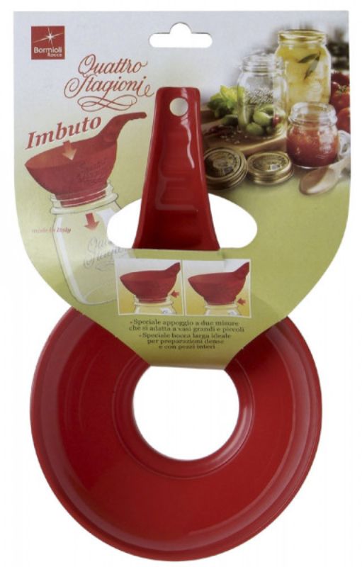 Set of 12 vibrant red Bormioli Rocco funnels for spill-free canning and food preservation, dishwasher-safe and durable.