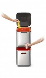 Joseph Joseph Totem Compact 40-litre stainless steel bin with dual compartments, odor control, and included food waste caddy.