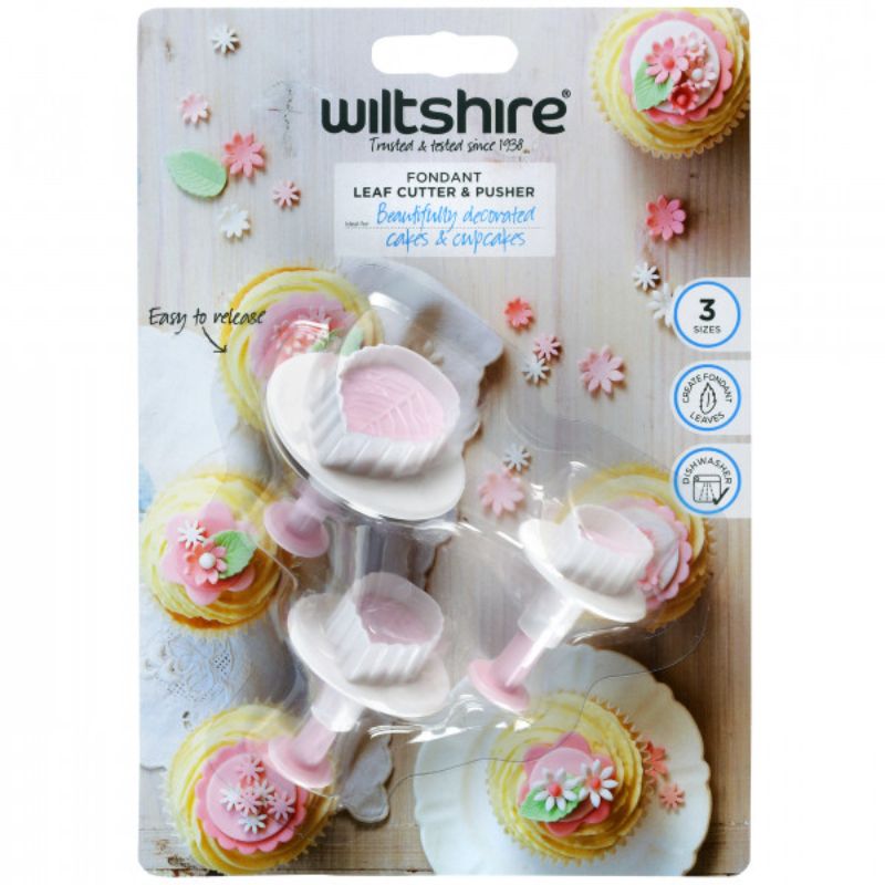 Wiltshire Leaf Cutter & Pusher set with three sizes for creating lifelike fondant leaf decorations for cakes and cupcakes.