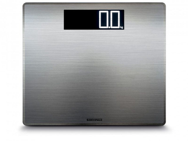 Soehnle Style Sense Safe 300 bathroom scales with stainless steel finish, large LCD display, and anti-fingerprint coating.