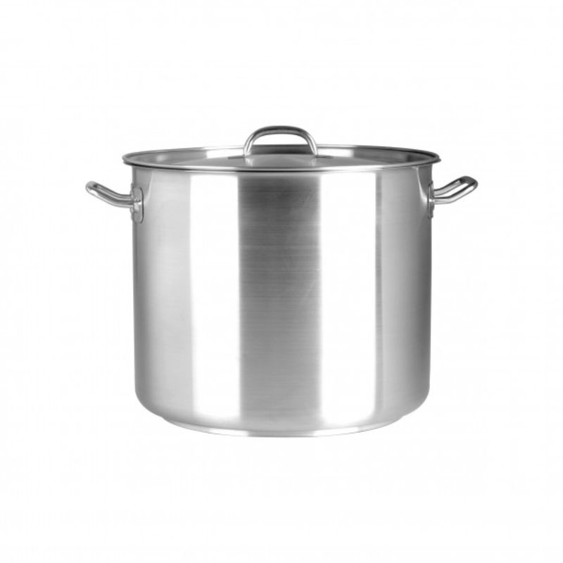 Chef Inox 25.50L stainless steel stockpot with lid, ideal for versatile cooking and large meals, featuring ergonomic handles.